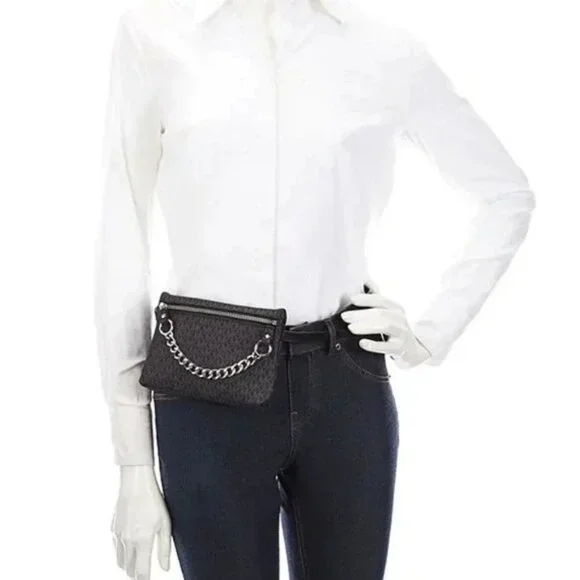 Michael Kors Signature Black Fanny Pack Belt Bag w/Silver-tone Chain - Picture 2 of 8